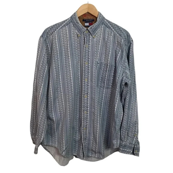 Vintage Tommy  Hilfiger Blue Chambray Denim Allover Geometric Print Dad Shirt - Picture 1 of 8